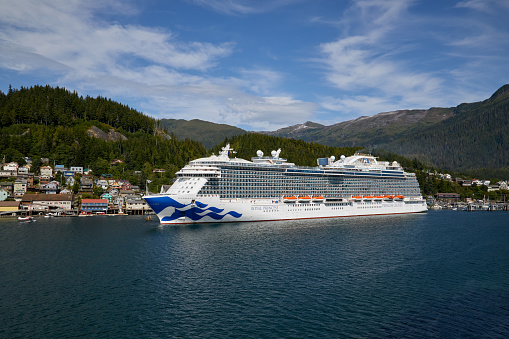 Princess cruise line Royal Princess cruise ship docked in Ketchikan. Inside passage, Alaska. Bright sunny day.