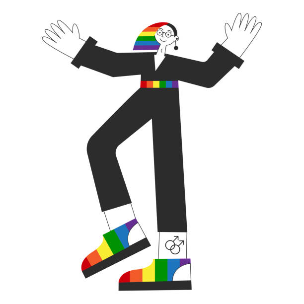 ilustraciones, imágenes clip art, dibujos animados e iconos de stock de persona gay andrógina con bandera arcoíris, símbolos lgbtq. visibilidad, conciencia, igualdad y derechos de los hombres homosexuales queer. ilustración vectorial plana aislada del mes del orgullo. - rainbow gay pride homosexual homosexual couple