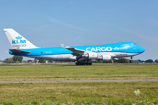 Amsterdam, The Netherlands - July, 24, 2022. The Boeing 747-406F(ER) of KLM Cargo with the identification PH-CKC lands at Amsterdam Airport Schiphol (The Netherlands, AMS, runway Polderbaan) on July 24, 2022.