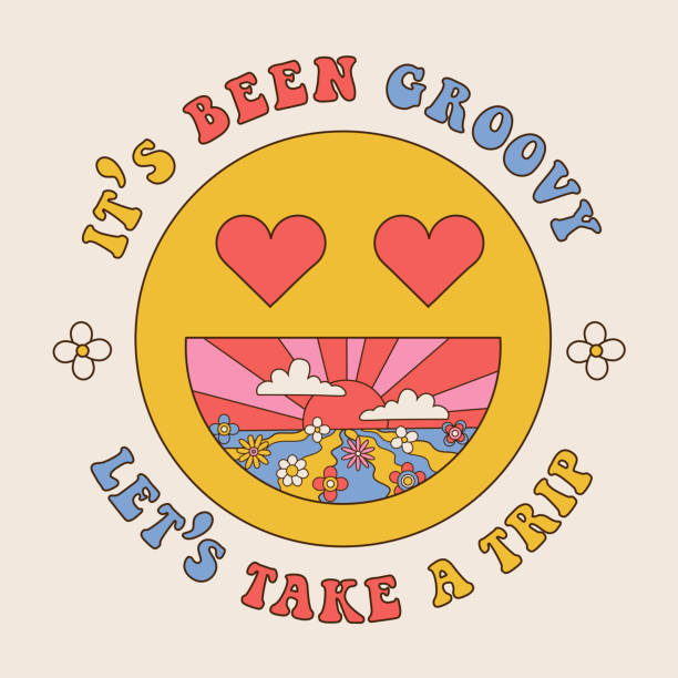 It's beem groovy, Let's take a trip - round badge with 70s retro groovy smiling smiley print with motivational slogan for graphic tee t shirt or sticker poster. Vector linear illustration It's beem groovy, Let's take a trip - round badge with 70s retro groovy smiling smiley print with motivational slogan for graphic tee t shirt or sticker poster. Vector linear illustration. cartoon t shirt design stock illustrations