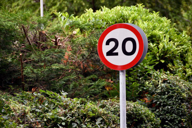 istock Road sign warning drivers of a 20 mph speed limit 1411288085