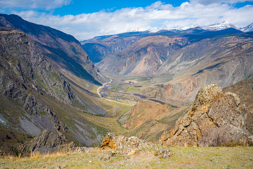 Mountain pass Katu-Yaryk with view on valley of the mountain river Chulyshman, Altai, Russia. High quality photo