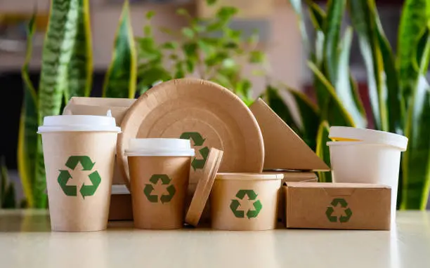 Photo of Paper eco-friendly disposable tableware with recycling signs on the background of green plants.
