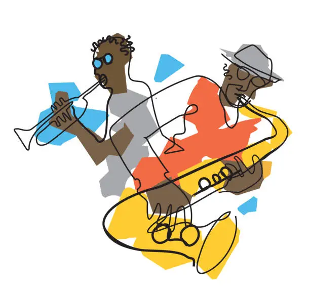 Vector illustration of Jazz theme with black men, trumpet player and saxophonist.