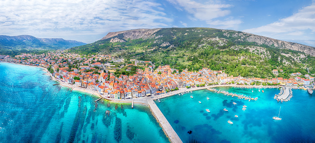 Landscape with aerial view of Baska town, Krk island , Croatia