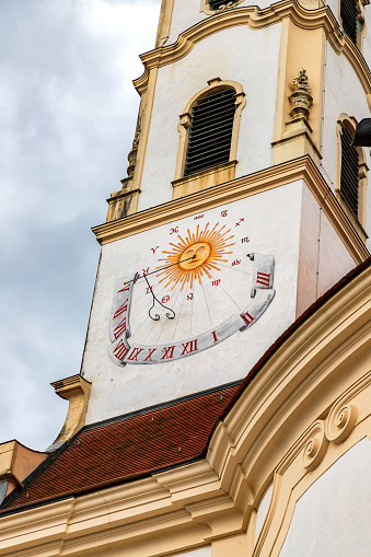 sundial on Tower of Parish Church of Saints Peter and Paul and Sanctuary of Our Lady in Steinhausen, Bad Schussenried, Germany