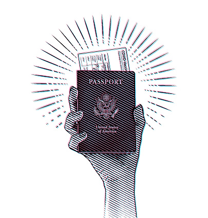 Hand holding Passport with COVID Vaccine Card and Glitch Technique