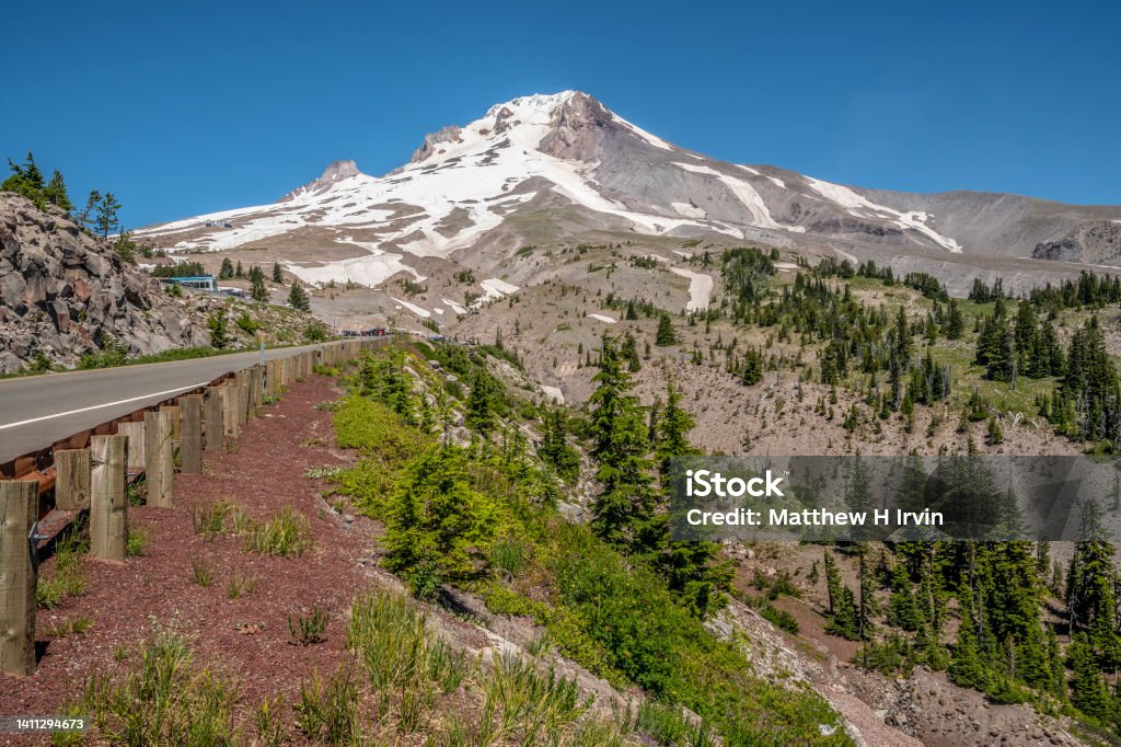 Road to Timberline Lodge at Mt. Hood in Summer The road to Timberline Lodge at Mt. Hood Blue Stock Photo