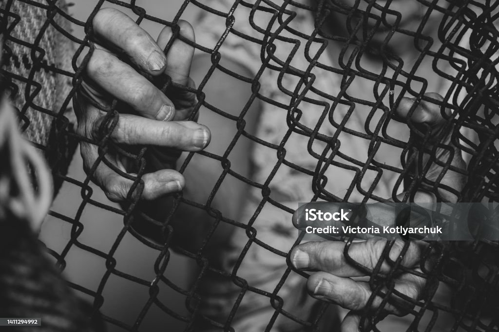 Hands of an old woman on a rusty fence, black and white photo, slavery and captivity, people Hands of an old woman on a rusty fence, black and white photo, slavery and captivity, people in hostages Holding Stock Photo
