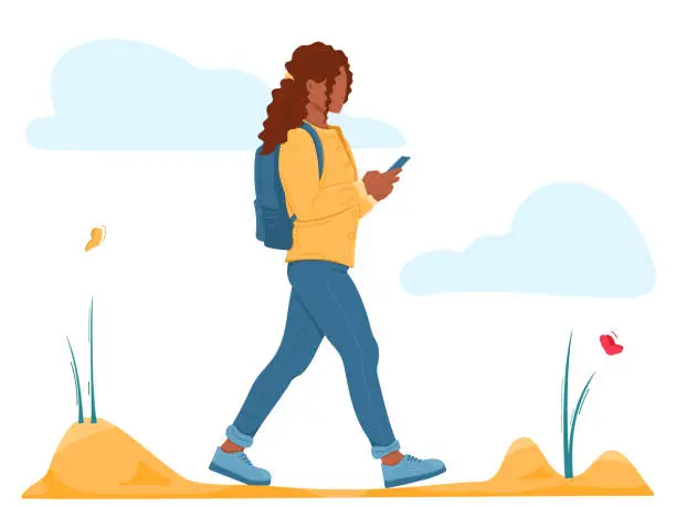 Vector illustration of Girl with backpack is walking looking into her phone