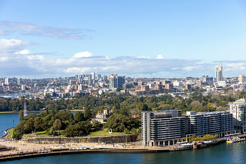 Aerial view of Circular Quay, Royal Botanic Garden and Sydney surrounding suburbs, full frame horizontal composition