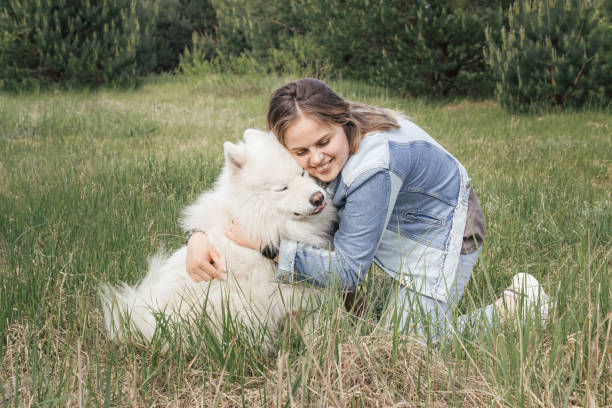 istock Woman hugging her dog samoyed 1411298821