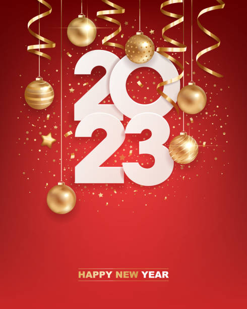 Happy New Year 2023 Happy new year 2023. White paper numbers with golden Christmas decoration and confetti on  red background. Holiday greeting card design. 2023 stock illustrations