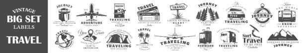 Set of vintage travel labels isolated on white background. Posters, stamps, banners and design elements. Vector illustration