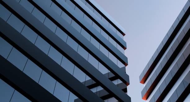 dos edificios modernos con ventanas de vidrio. diseño arquitectónico de edificios. espacio de oficinas, casas al atardecer por la noche. renderizado 3d. - sector de la construcción fotografías e imágenes de stock