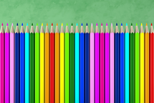 Ready for school concept with pencils in rainbow colors and blackboard background, 3d rendering, 3d illustration
