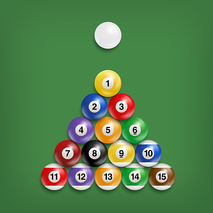 Billiard, pool balls with numbers collection in triangle start position. Realistic glossy snooker ball on green background. Vector illustration