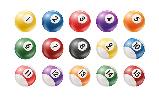 Billiard, pool balls with numbers collection. Realistic glossy snooker ball. White background. Vector illustration