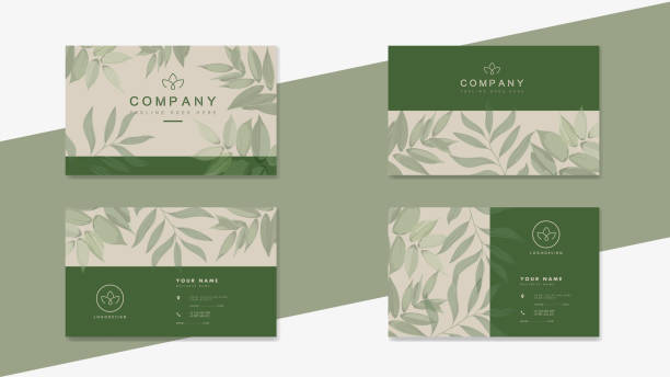 Beige business card with green leaves. Design template for company organic bio, natural and eco products, cosmetic, pharmacy. Vector leaves EPS10 Beige business card with green leaves. Design template for company organic bio logo, natural and eco products, cosmetic, pharmacy, medicine. Vector leaves EPS10 dried tea leaves stock illustrations