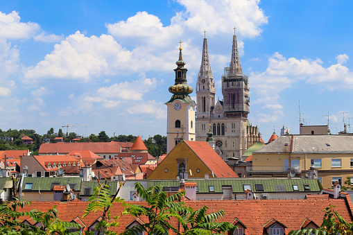 Panoramic view of the historic center of Zagreb, Croatia. Catholic Neo-Gothic Cathedral of Zagreb