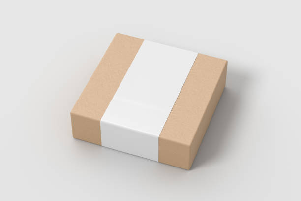 istock Square box mock up with blank paper cover label: Cardboard gift box on white background. Side view. 1411307622