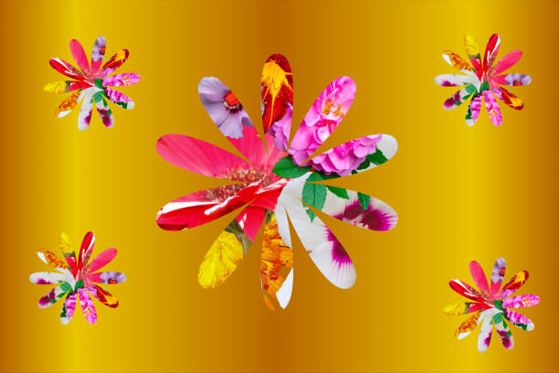 Flowers inside a flower geometry in a golden background stock photo