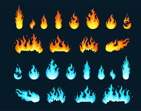 Set of fire icons. Different types of red and blue flames. Magic and sorcery. Graphic design elements for mobile game, animation and editing. Cartoon flat vector collection isolated on dark background