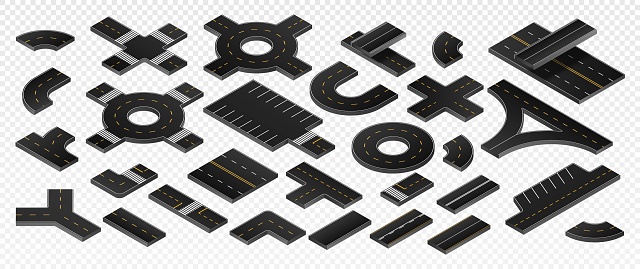 Set of Isometric road elements. Parts of highway, intersections, rings, parking lots and bridges for movement of cars. Copy space. Realistic 3D vector collection isolated on transparent background