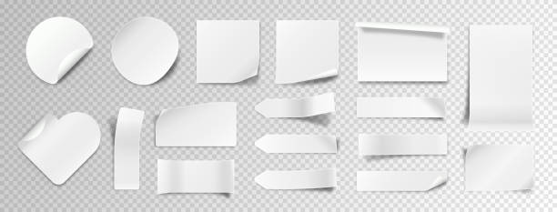 Set of white paper stickers Set of white paper stickers. Adhesive leaflets with curled corners or shady edges. Square, round and heart shaped. Copy space. Realistic 3D vector collection isolated on transparent background white sticker stock illustrations