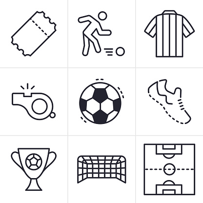 Soccer or football championship sport playing line icons and symbols icon set collection.