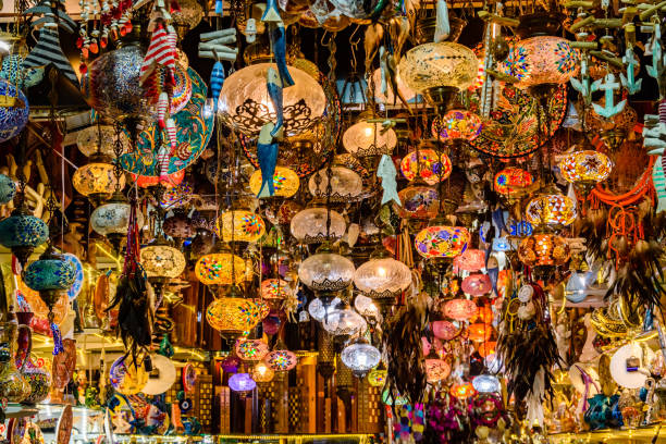Traditional turkish chandeliers for sale at the bazaar stock photo