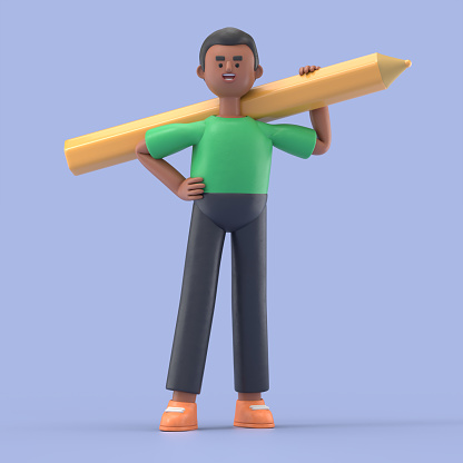 3D illustration of smiling african american man David holding a big pencil. Cute cartoon writing with a huge pen,3D rendering on blue background.