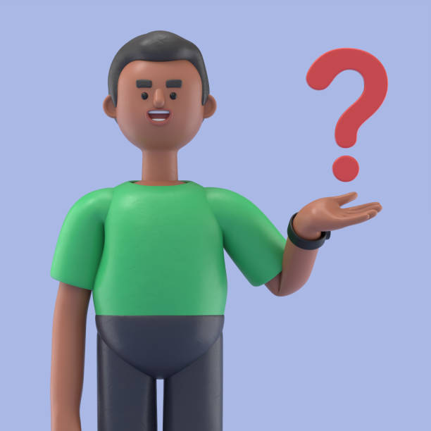 3d-illustration des lächelnden afroamerikanischen mannes david, der mit einem fragezeichen denkt, nach einer lösung sucht.entscheidung und problemkonzept.3d rendering auf blauem hintergrund. - cartoon question mark asking choice stock-fotos und bilder