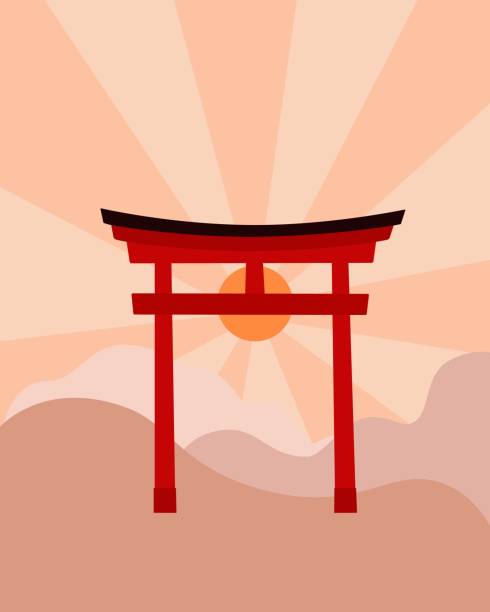 torii-tor mit aufgehender sonne und bergen auf dem hintergrund landschaftsvektorillustration, traditionelles japanisches religiöses und kulturelles symbol, touristenattraktion, bild für poster, hintergrund - sun temple stock-grafiken, -clipart, -cartoons und -symbole