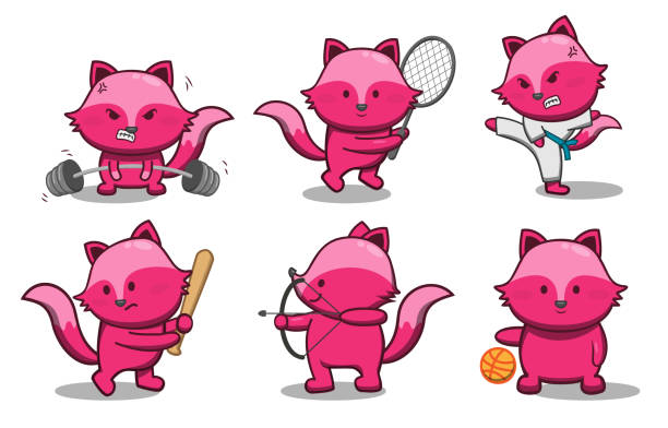 милое мультяшное забавное животное в различных экшен-позах вектор - characters sport animal baseballs stock illustrations
