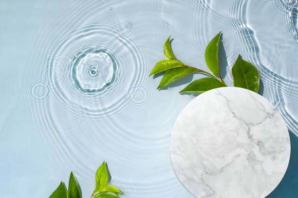 istock Minimal modern empty product display on water background with waves and splashes and green plants 1411333325