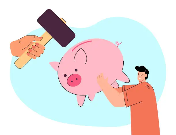 Vector illustration of Hand with hummer and man with piggy bank