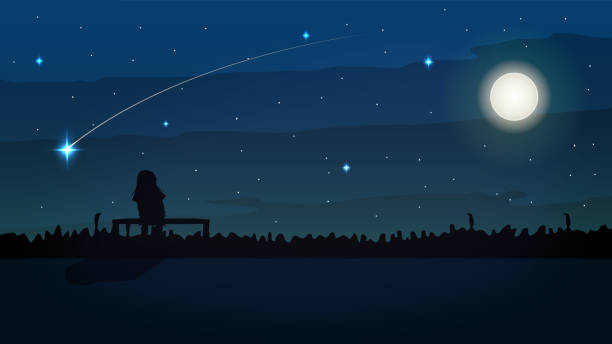 istock silhouette girl looking sky full stars sitting on chair. Vector illustration 1411335775