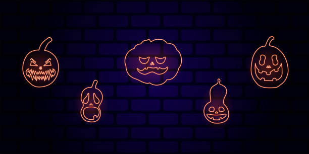 istock Set of Halloween pumpkins with scary glowing faces. Vector flat style illustration for design poster, banner, print 1411337093