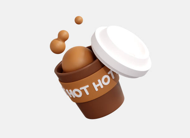 istock 3D Spilled coffee paper cup. Floating hot coffee with drops. Takeaway drink. Spilling chocolate or cocoa. Realistic element. Cartoon creative icon design isolated on white background. 3D Rendering 1411337452
