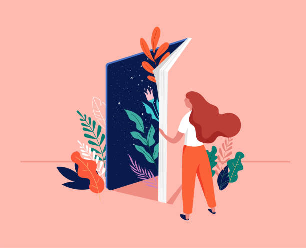 Book festival concept. Young woman opening a huge open book surrounding the many flowers, leaves, plants. Back to school, library concept design. Vector illustration, poster and banner Book festival concept. Young woman opening a huge open book surrounding the many flowers, leaves, plants. Back to school, library concept design. Vector illustration, poster literature stock illustrations