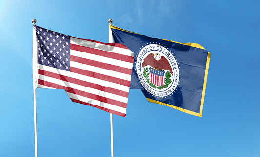 Twin Flags USA and Federal Reserve System, Fed Waving Flags with Textured Background