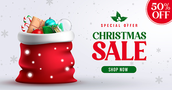Christmas sale vector banner design. Christmas sale special offer text in price discount promo with xmas shopping elements for seasonal holiday promotion ads. Vector illustration.