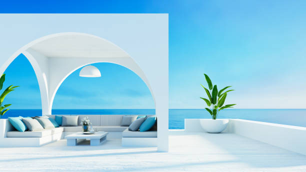 vida al aire libre playa lujo y ver vista - 3d 

renderización - santorini greece villa beach fotografías e imágenes de stock