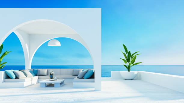 vita all'aperto spiaggia di lusso e vedere la vista - 3d 

interpretazione - santorini greece villa beach foto e immagini stock