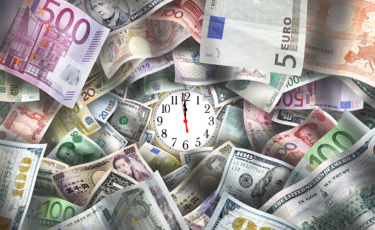 Global paper currencies and clock face