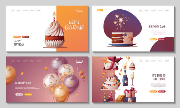 illustrations, cliparts, dessins animés et icônes de ensemble de pages web avec gâteau d’anniversaire, ballons, champagne, cupcake, cadeaux, casquettes, confettis. - anniversaire