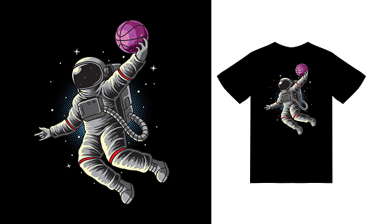 Astronaut basketball slam dunk in space illustration with tshirt design premium vector Technology. Flat Cartoon Style Suitable for Landing Web Pages, Banners, Flyers, Stickers, Cards, Tshirt.