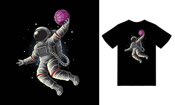 Vector illustration of Astronaut basketball slam dunk in space illustration with tshirt design premium vector