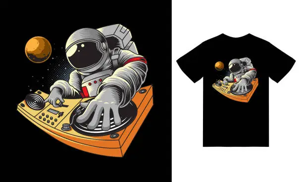 Vector illustration of Astronaut playing dj in space illustration with tshirt design premium vector